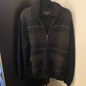 Tasso Elba grey and blue plaid zip up sweater with pockets